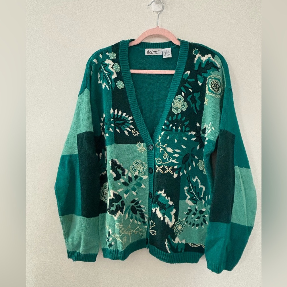 Vintage Teals Green Blues Floral Cardigan That’s Me! Medium Womens Ramie Blend